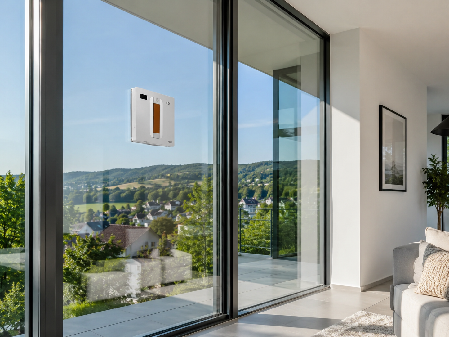 Weißer Fensterputzroboter an einer Fensterfront mit Blick ins Grüne