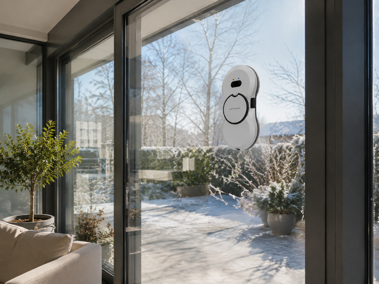 Weißer Fensterputzroboter an einem Schiebefenster, verschneite Terrasse