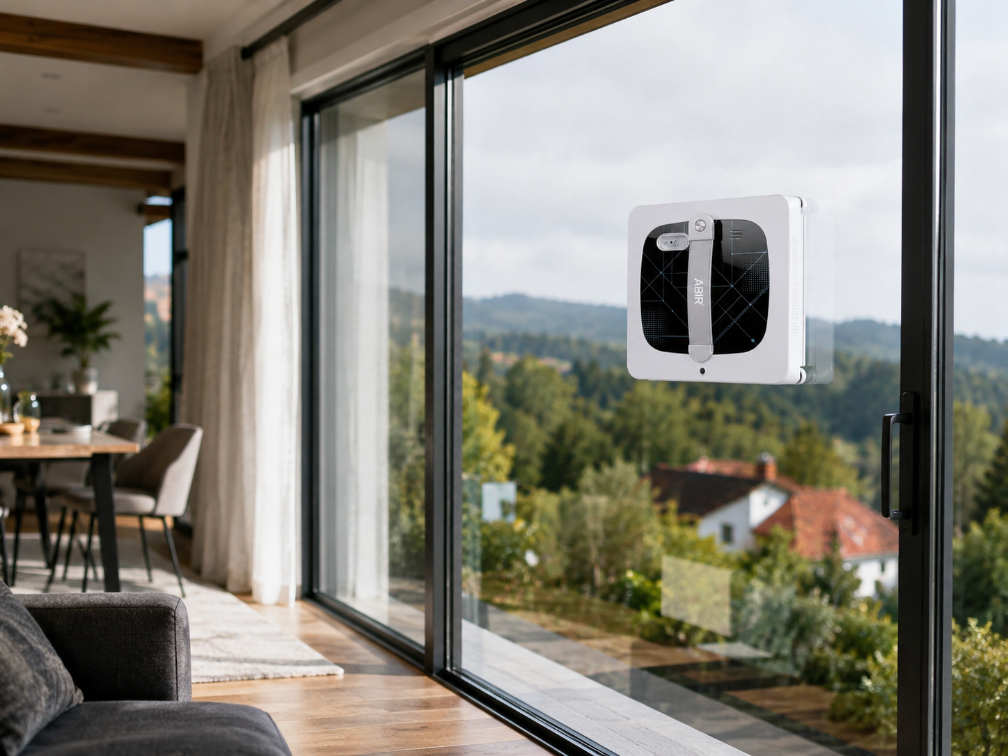 Weißer Fensterputzroboter an einer Schiebe-Glastür, Esszimmer